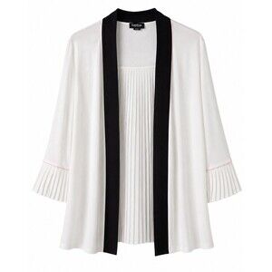 Bebe White Pleated Open Front Kimono Jacket Black Trim Pink Accent L